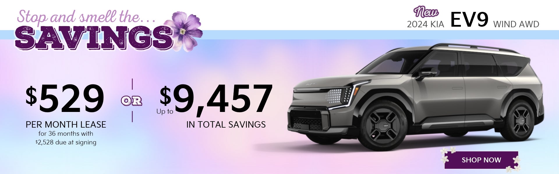 Stop and smell the savings on a new 2024 Kia EV9 Wind AWD!